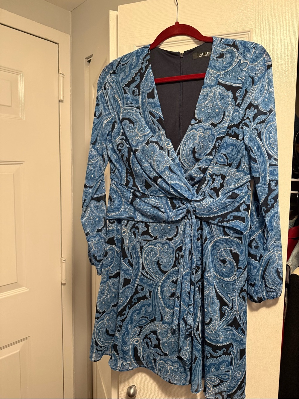 Lauren Ralph Lauren Blue Paisley Tie-Front Long Sleeve Dress
